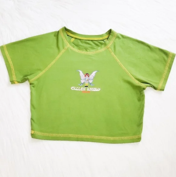 Fallen Angel Dream Y2K Style Lime Green Cropped Baby Tee w/ Fairy Girl Graphic - Picture 6 of 6